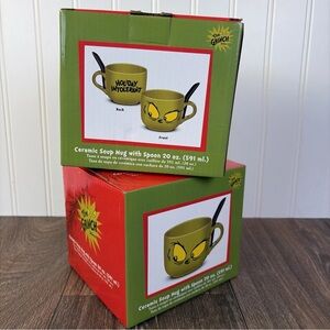 Set of 2 Dr Seuss The Grinch Holiday Intolerant 20 oz Ceramic Soup Mug w/ Spoon